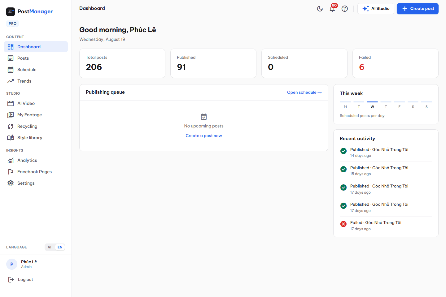 PostManager dashboard interface